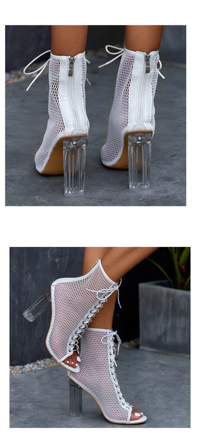 Transparent Thick Heel Lace-up Peep Toe Breathable Shoes