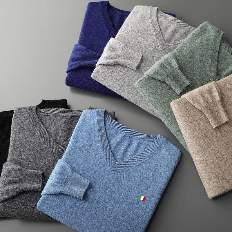 Men's Cashmere Warm Pullover Sweater V Neck Wool Knitwear Plus Sizes