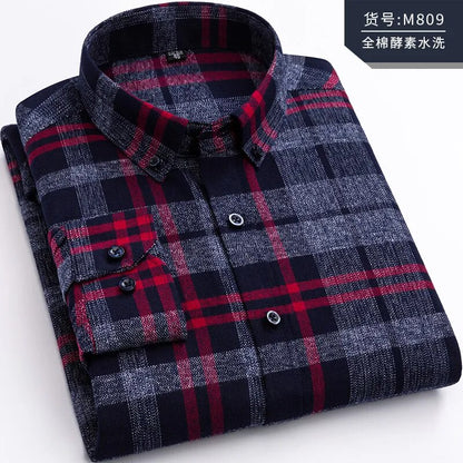 Pure Cotton Men's Plaid Long Sleeve Regular Fit Casual Plus Size