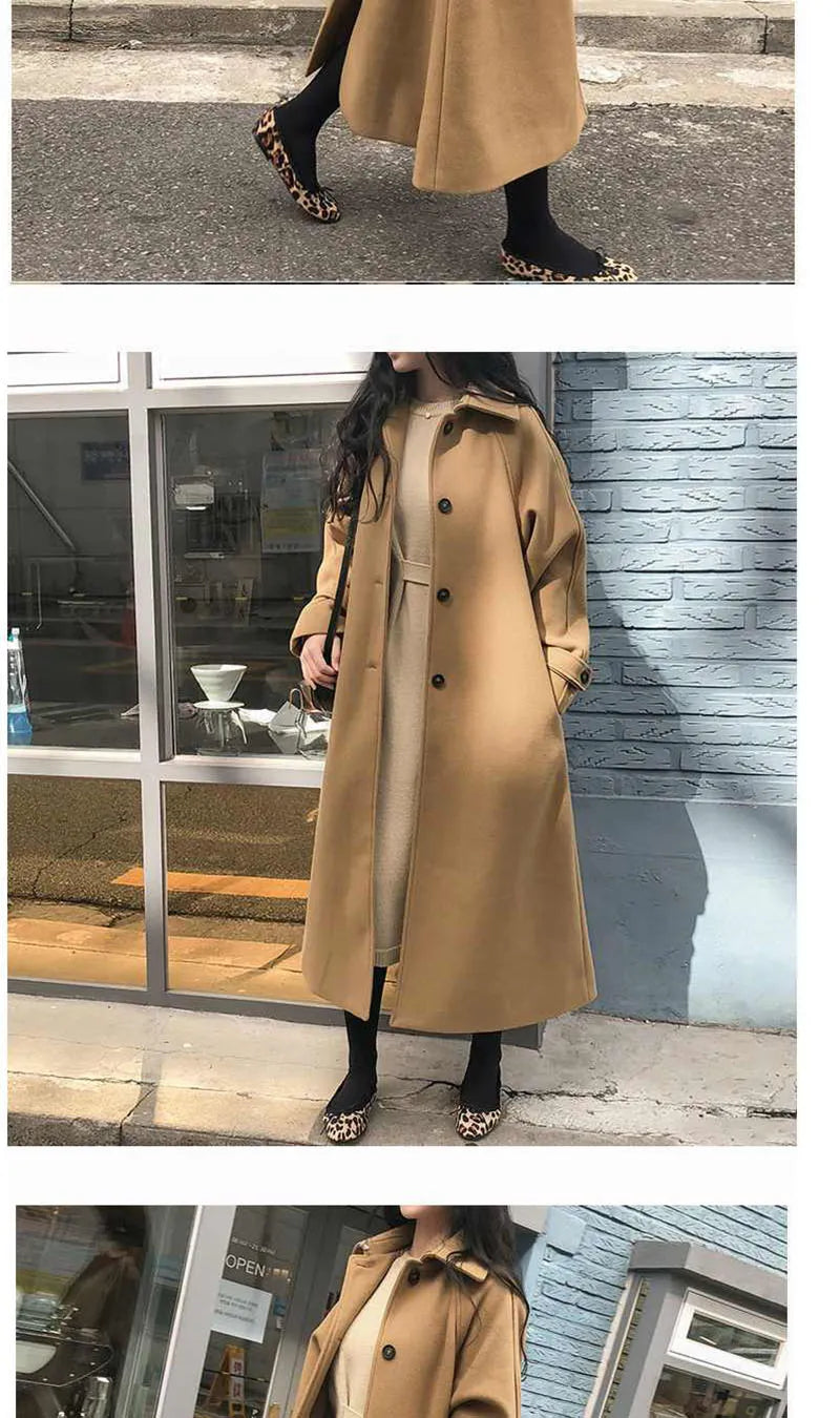 Faux Wool Elegant with Belt Thick Long Coat