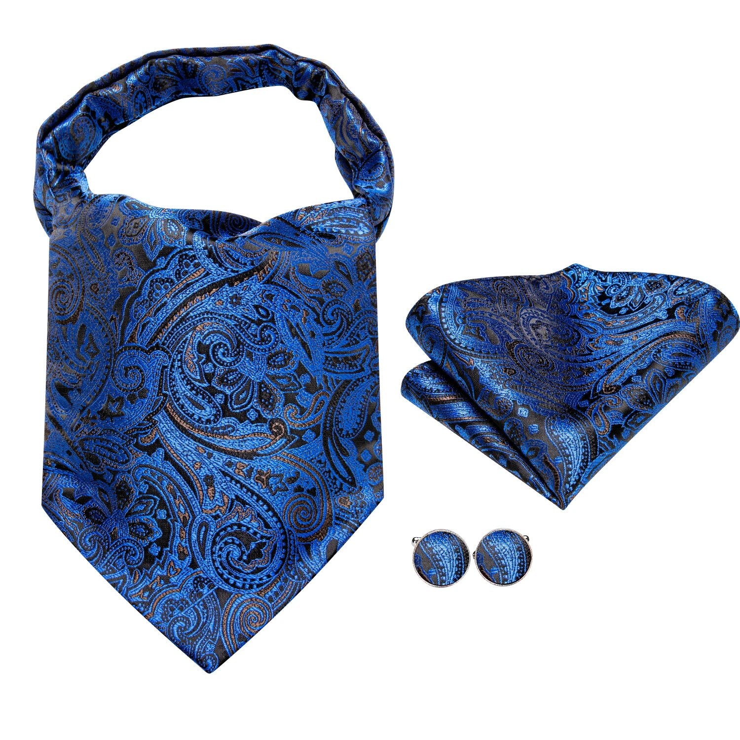 Hi-Tie Silk Mens Ascots Hanky Cufflinks Set Jacquard Paisley Floral Cravat