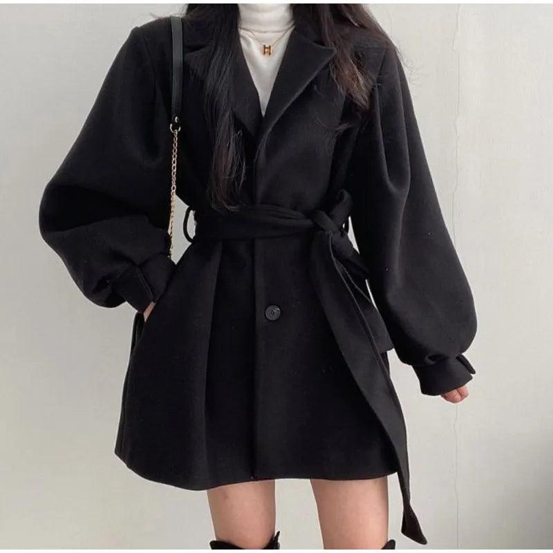 Long Puff Sleeve Clothes Autumn Elegant Belt Coat Women Chic Midi