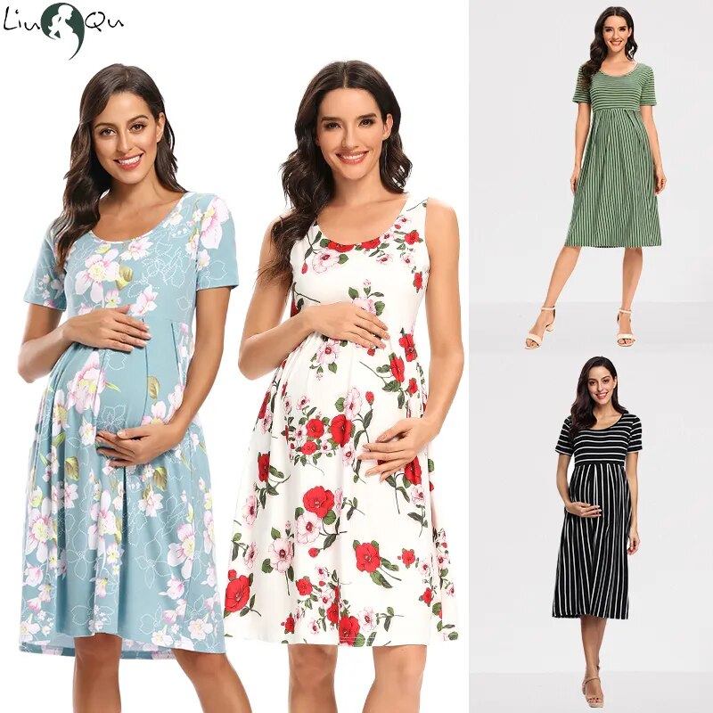 Floral Short Sleeve Loose Maternity Casual Soft Waist Print Knee