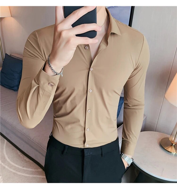 Stretchy High Elasticity Men Shirts Long Sleeve Slim Fit Casual