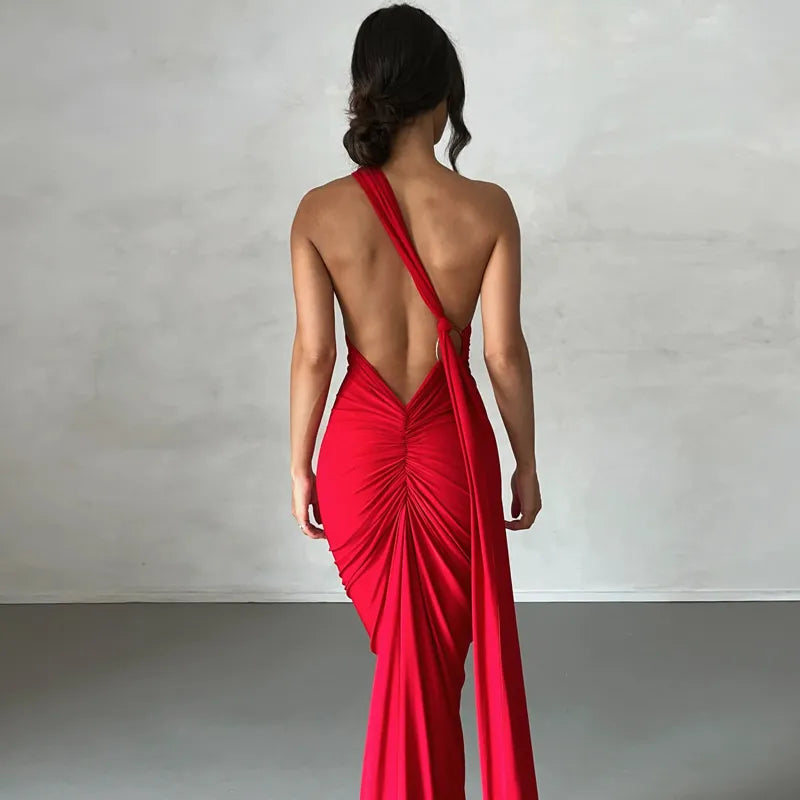 Oblique Shoulder Backless Maxi Dress Back Strap Sleeveless Long Dress