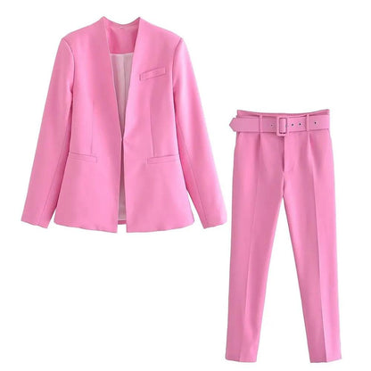 Two Pieces Set Office Wear Blazers Coat With Belt High Waist