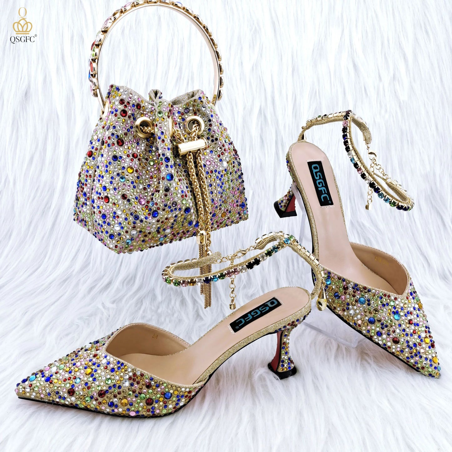 QSGFC Pointy Shoes And Bag Set Crystal Diamond