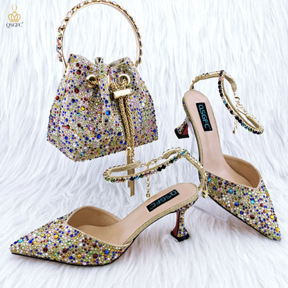 QSGFC Pointy Shoes And Bag Set Crystal Diamond