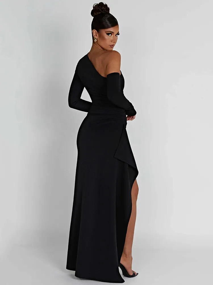 Oblique Shoulder Thigh Split Maxi Dress Long Sleeve Backless Bodycon Long