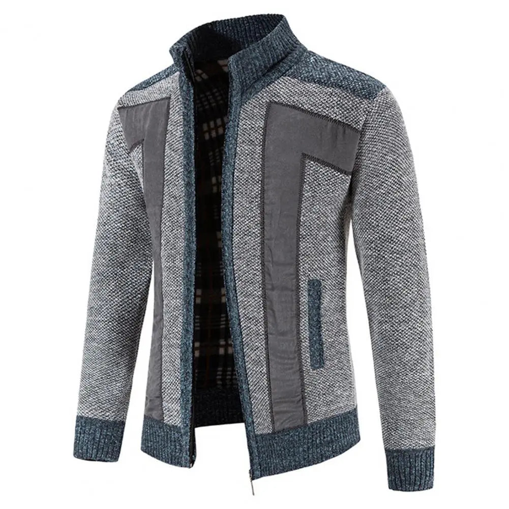 Men Cardigan Knit Patchwork Breathable Thick Long Sleeves