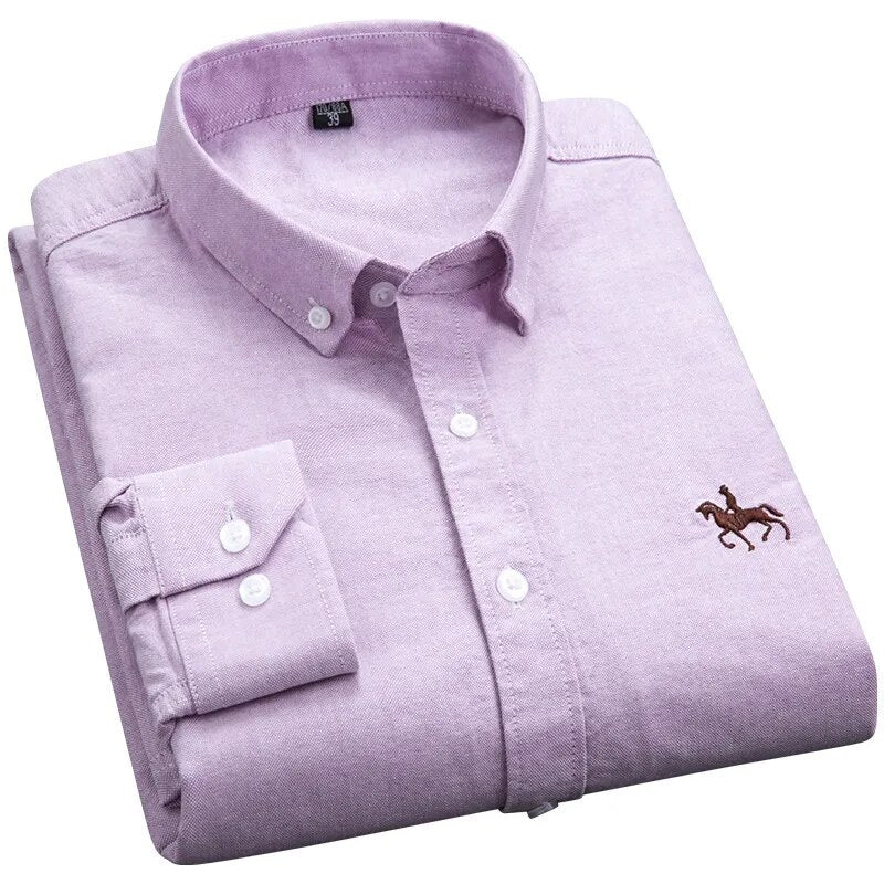 Cotton Oxford Shirts Men Long Sleeve Horse Casual No Pocket Solid