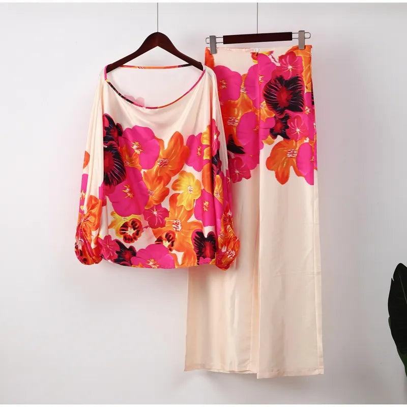 Satin Print Suit Fashion Hollow Off Shoulder Tops With Long Pants