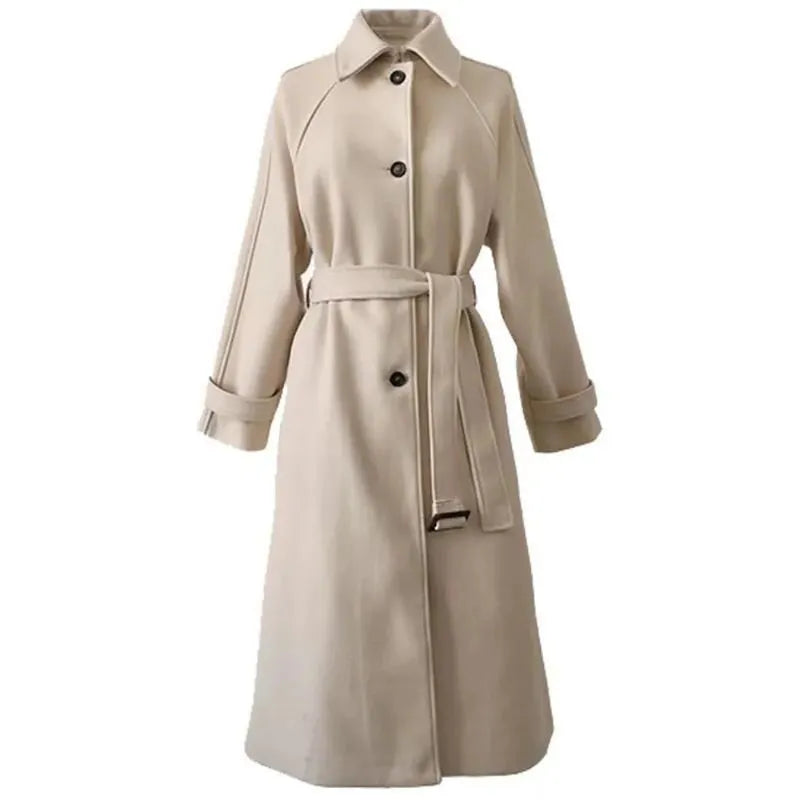 Faux Wool Elegant with Belt Thick Long Coat