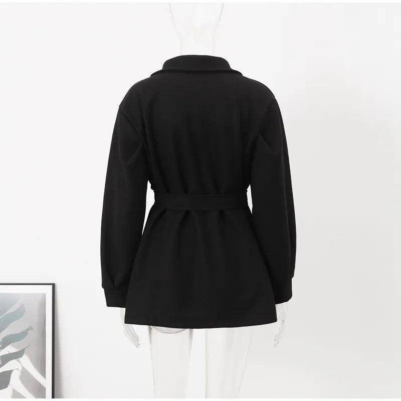 Long Puff Sleeve Clothes Autumn Elegant Belt Coat Women Chic Midi