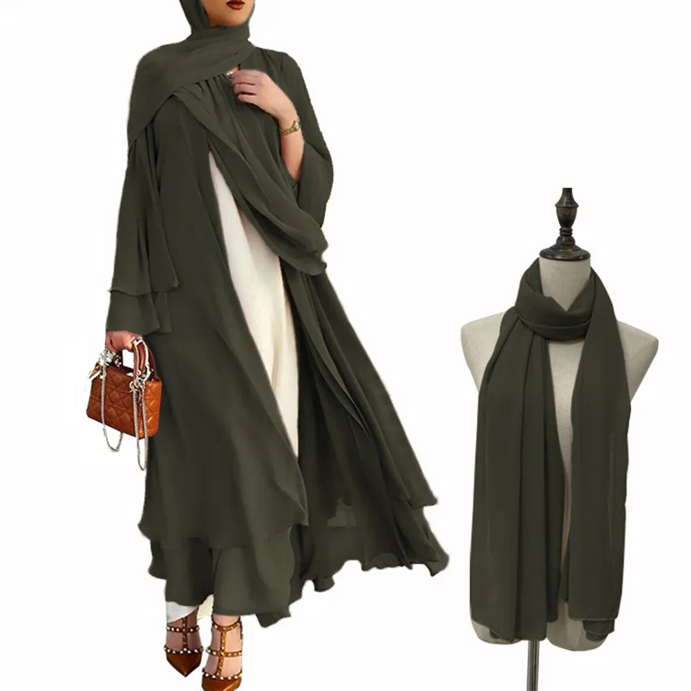 Chiffon Abaya Casual With Belt and Scarf