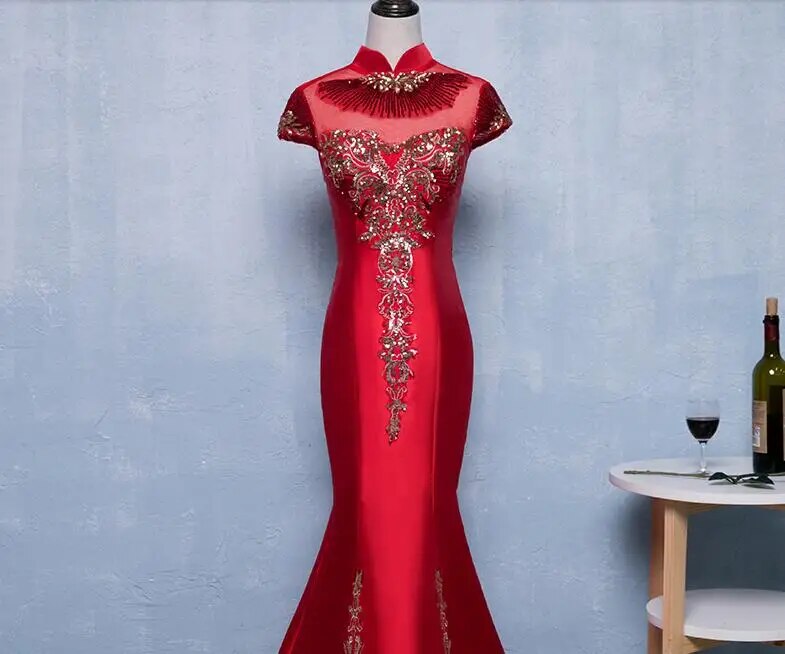 Fishtail Cheongsam Burgundy Embroidered