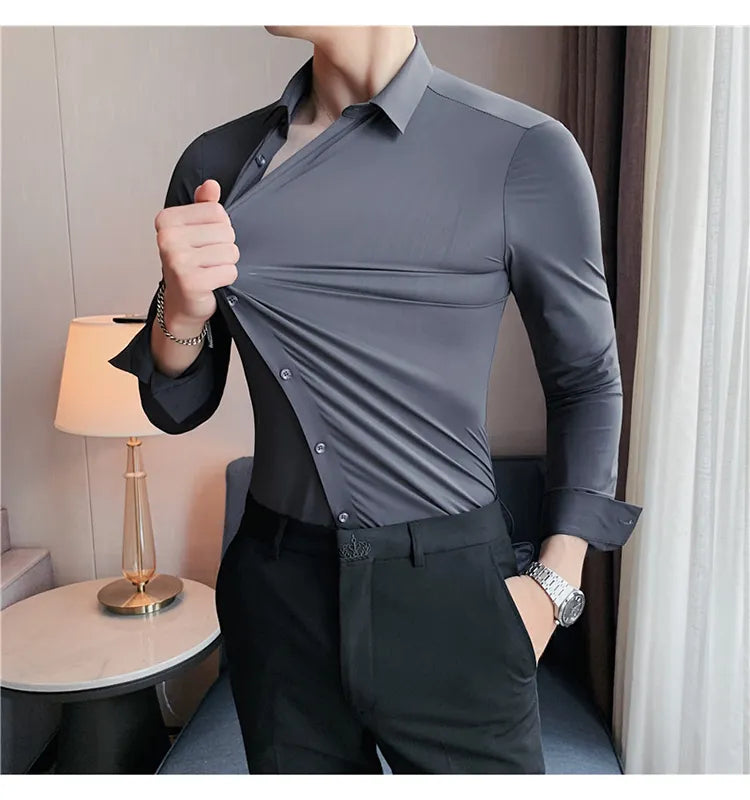 Stretchy High Elasticity Men Shirts Long Sleeve Slim Fit Casual