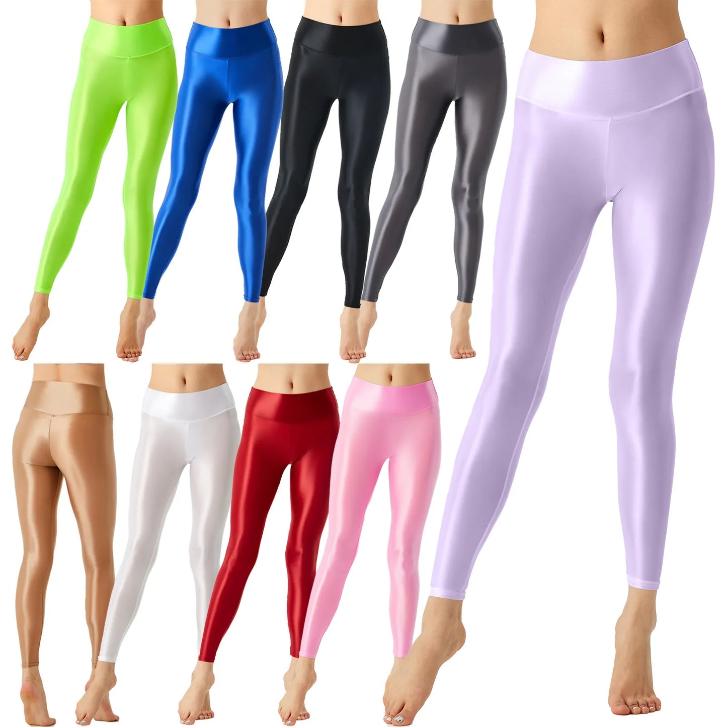 Solid Glossy Pilates Yoga Fitness Wide Elastic Waistband Leggings Stretchy Pants