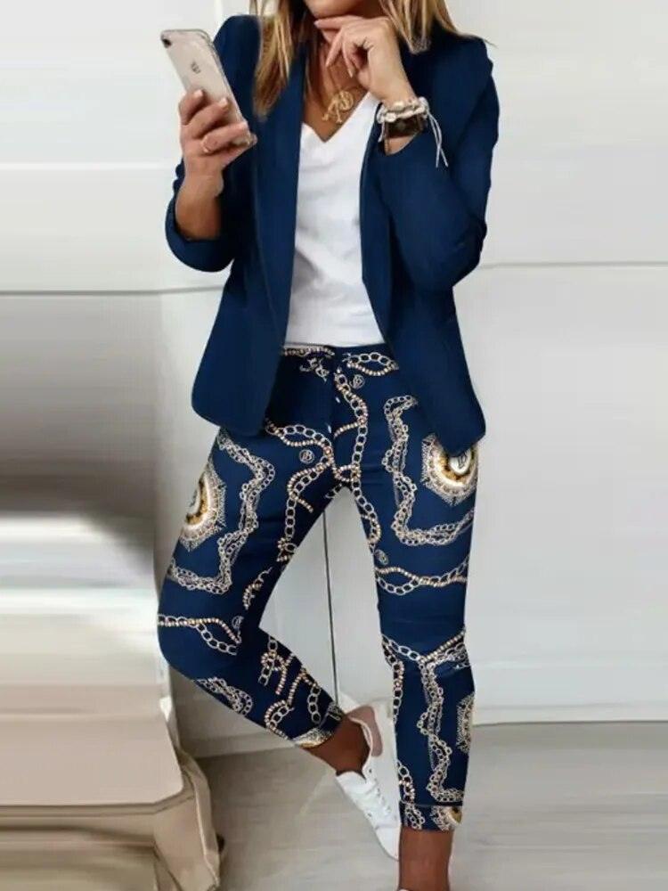 Elegant Office Women Blazers Pants Outfit Print Long Sleeve 2 pcs