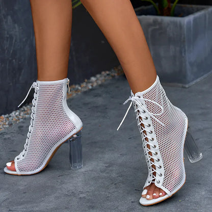 Transparent Thick Heel Lace-up Peep Toe Breathable Shoes