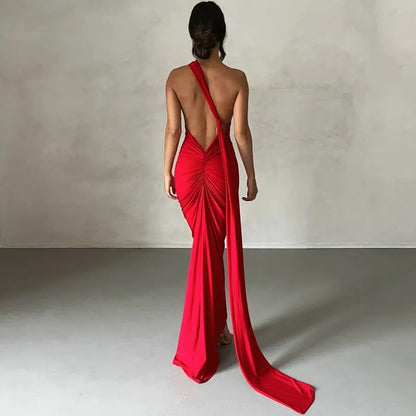 Oblique Shoulder Backless Maxi Dress Back Strap Sleeveless Long Dress