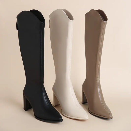 Classic Women Winter Zipper Thick High Heels Simple Design Boots