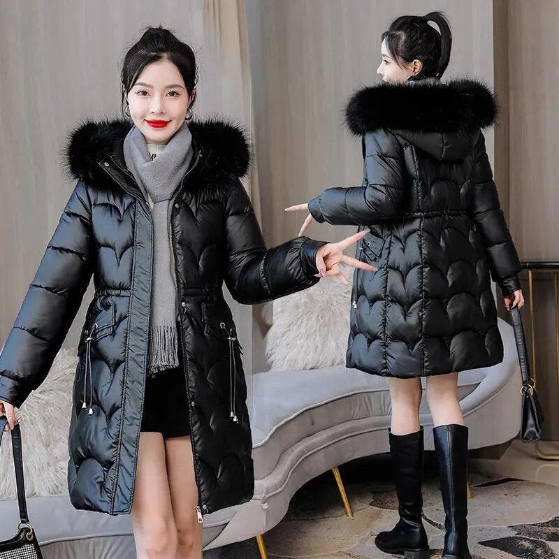 Parkas Women Coat Fur Collar Hooded Overcoat Female Jacket Thick Warm