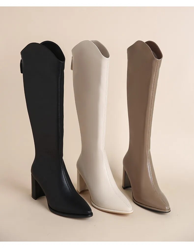 Classic Women Winter Zipper Thick High Heels Simple Design Boots