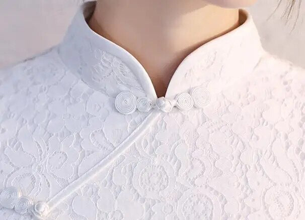 White Lace Qipao Long Fishtail Vintage Style