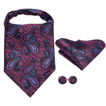 Hi-Tie Silk Mens Ascots Hanky Cufflinks Set Jacquard Paisley Floral Cravat