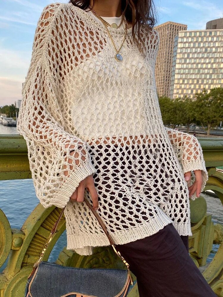 Fish Net Pullovers Crewneck Retro Sweater