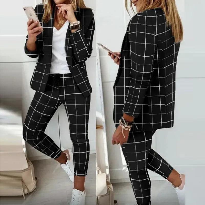 Elegant Office Women Blazers Pants Outfit Print Long Sleeve 2 pcs