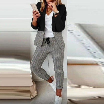 Elegant Office Women Blazers Pants Outfit Print Long Sleeve 2 pcs