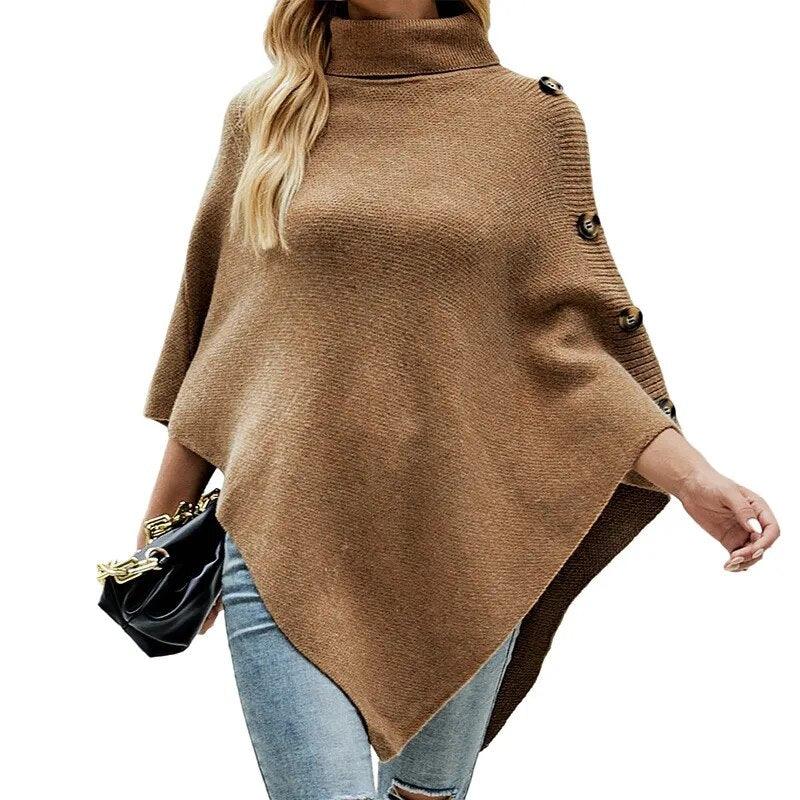 Button Poncho Oversized Turtleneck Jumper Knitwear Sleeve