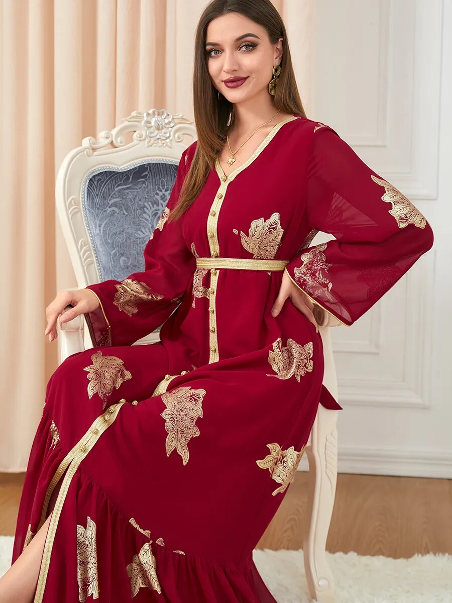 Moroccan Style Abaya With Belt Kaftan Split Hem