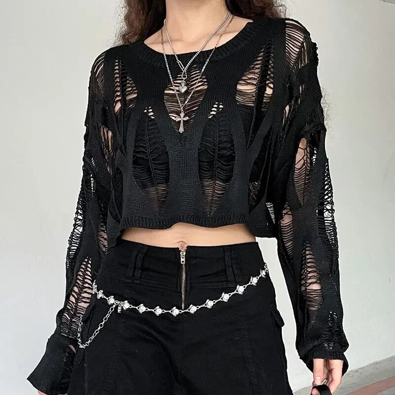 Hollow Net Pullovers Black Loose Top