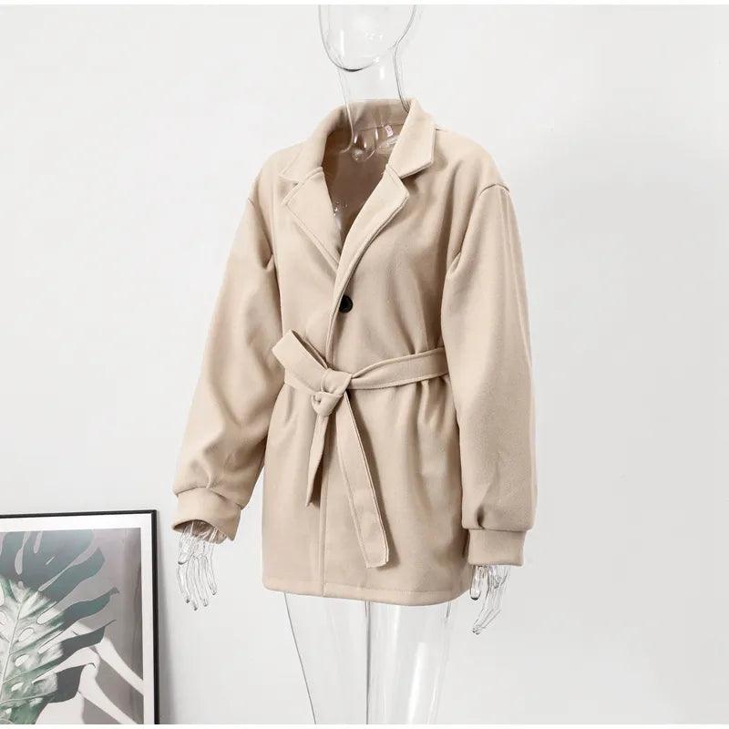 Long Puff Sleeve Clothes Autumn Elegant Belt Coat Women Chic Midi