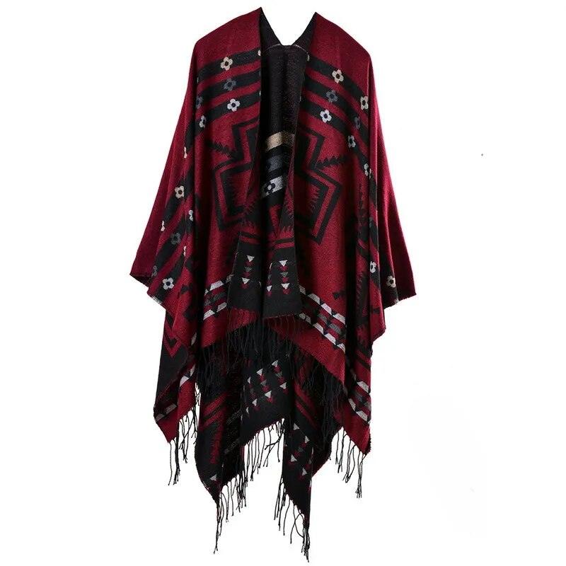 Tassel Cashmere Fork Shawl Poncho