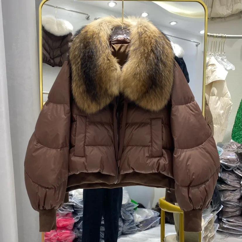 Real Raccoon Fur Collar Short Female Parkas Thick Warm Down Coat