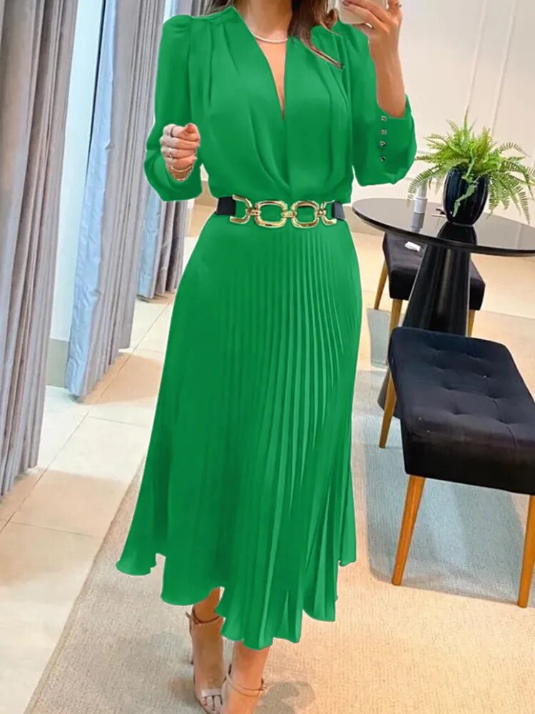 Ankle Length V Neck Long Sleeve Loose Elegant Office Dress