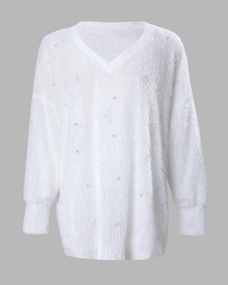 Beaded Long Sleeve Fluffy Top Pullover V Neck Loose Top Sweaters