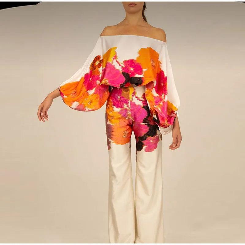 Satin Print Suit Fashion Hollow Off Shoulder Tops With Long Pants