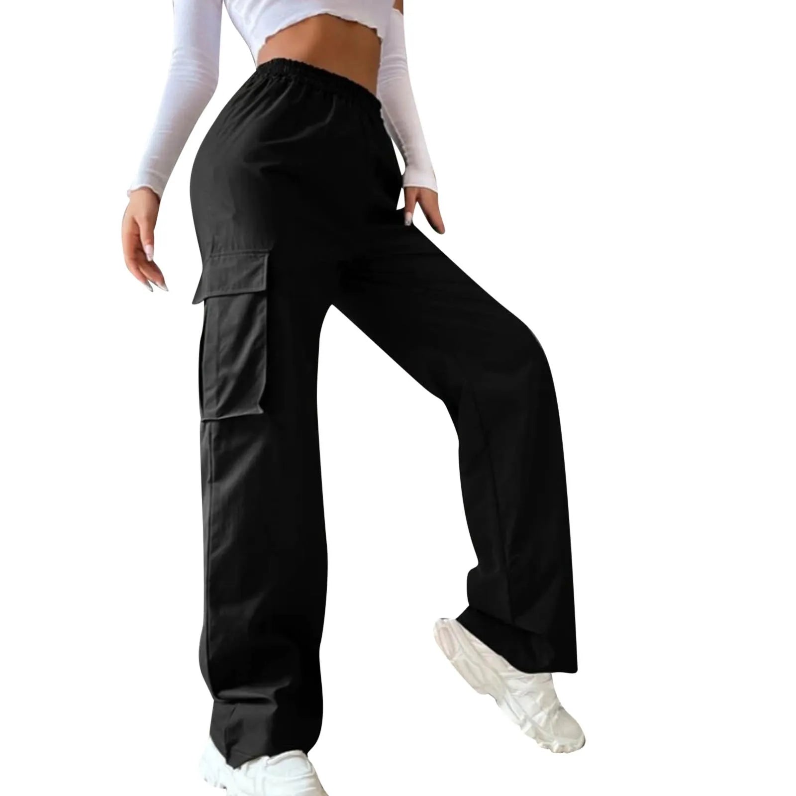 Pockets Casual Elastic Waist Loose Cargo Pants