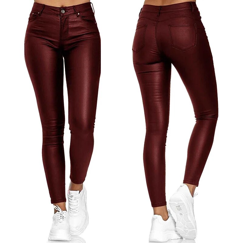 PU Leather High Waist Skinny Push Up Elastic Trousers Spandex Jeggings