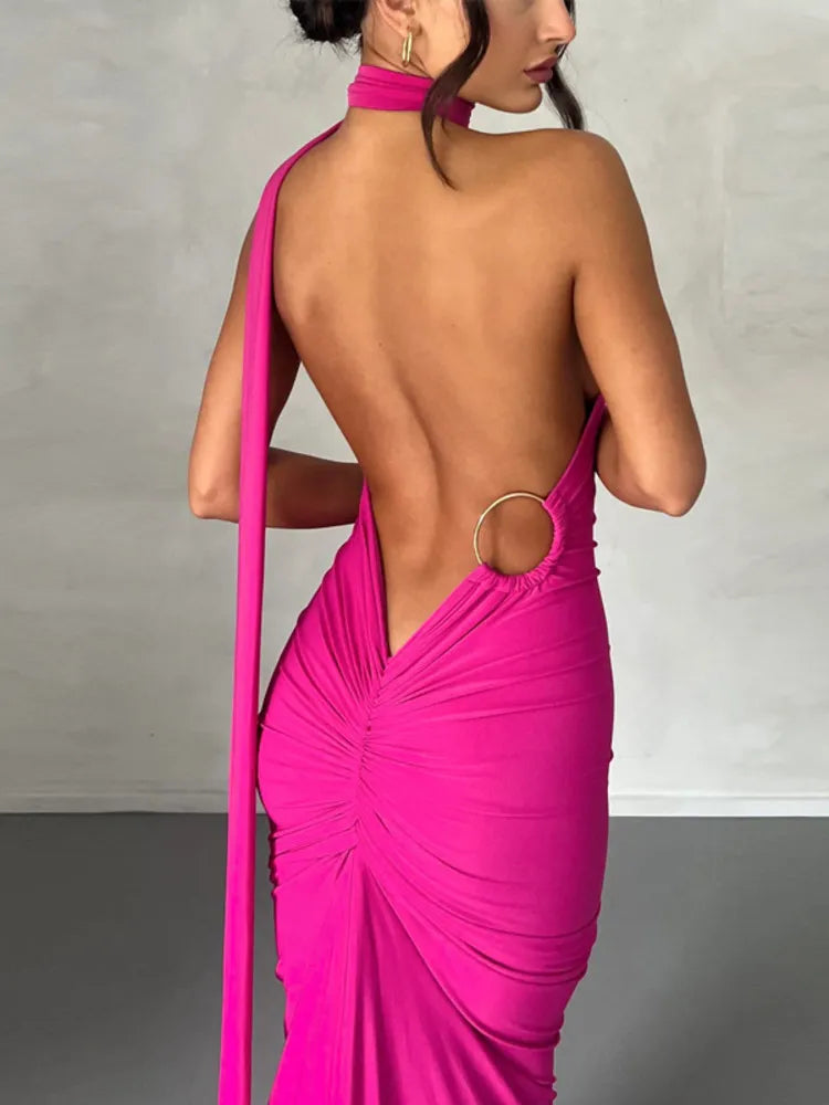 Oblique Shoulder Backless Maxi Dress Back Strap Sleeveless Long Dress