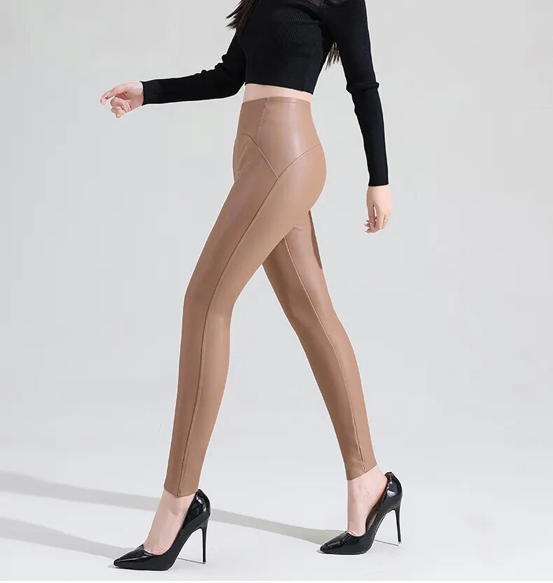 Pu Leather Women Winter High Waist Tights Stretch Soft Thin Fleece