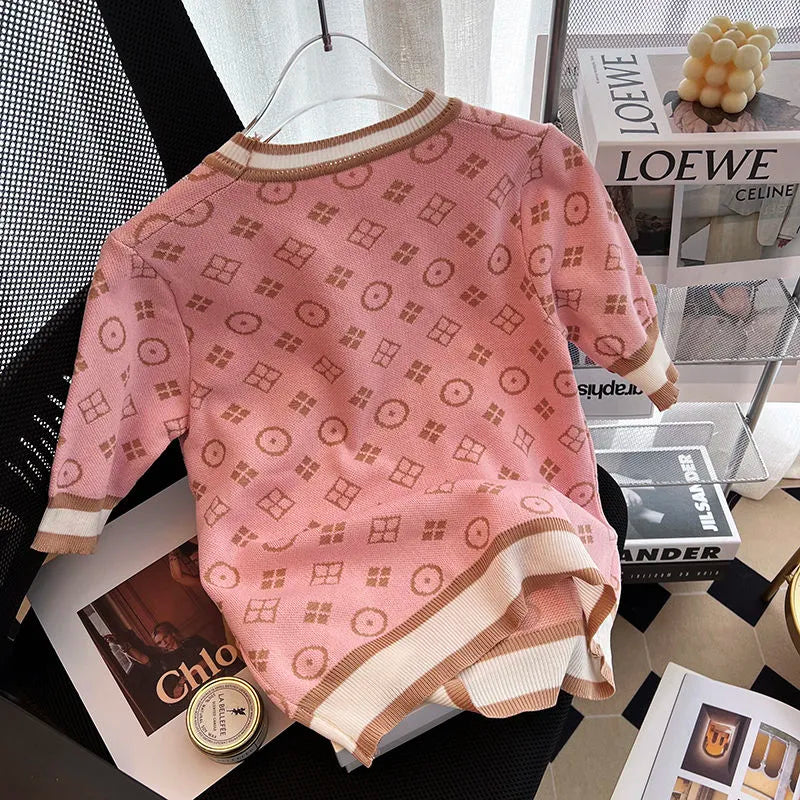 Short Sleeve Knit Glitter Slim Sweater