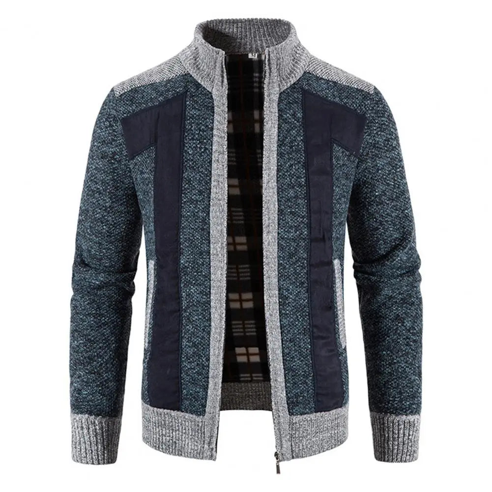 Men Cardigan Knit Patchwork Breathable Thick Long Sleeves