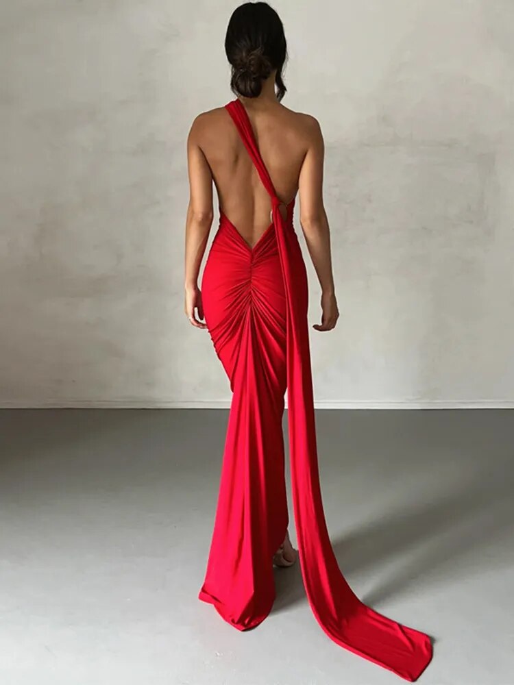 Oblique Shoulder Backless Maxi Dress Back Strap Sleeveless Long Dress