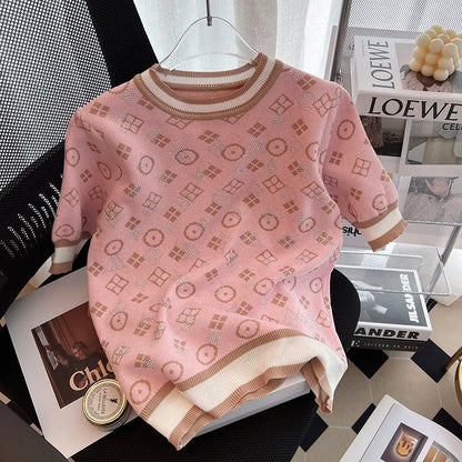 Short Sleeve Knit Glitter Slim Sweater